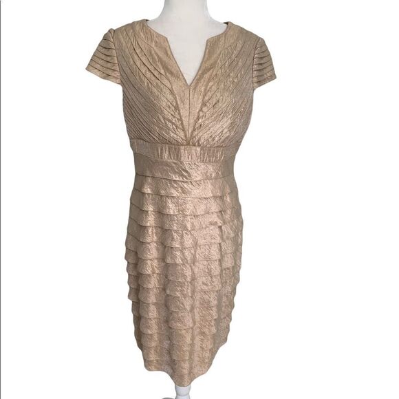 Adrianna Papell Gold Tiered Shutter Pleat Sheath Dress | Size 10 - Picture 8 of 14